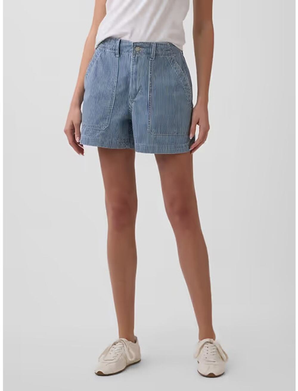 GAP 4" Mid Rise Stripe Soft Denim Utility Shorts Blue Railroad Stripe Small S